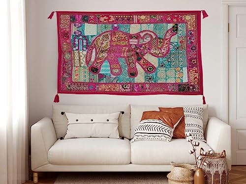 Image of Ekam Art Rajasthani Handmade Heavy Elephant Embroidery Cotton Patchwork Tapestry Cotton Wall Decor Hanging Beaded Tapestries Home Living Room Decor 40 x 60 Inch (Pink)