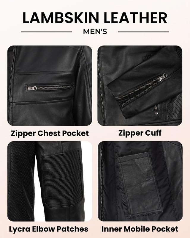 Image of Blingsoul Men's Leather Jacket - Real Lambskin Motorcycle Cafe Racer Biker Style Jacket