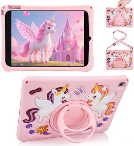 HianDier for iPad 9th Generation Case/iPad 8th Generation Case/iPad 7th Generation Case Cute Unicorn Silicone Tablet Cover with Detachable Strap and Rotatable Stand Shockproof Cover-Pink
