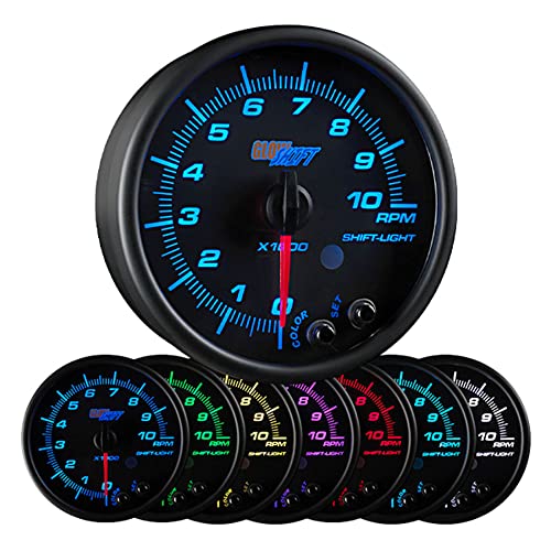 GlowShift Black 7 Color 10,000 RPM Tachometer Gauge - for 1-10 Cylinder Gas Powered Engines - Built-in Shift Light - Mounts in Custom Dashboard - Black Dial - Clear Lens - 3-3/4