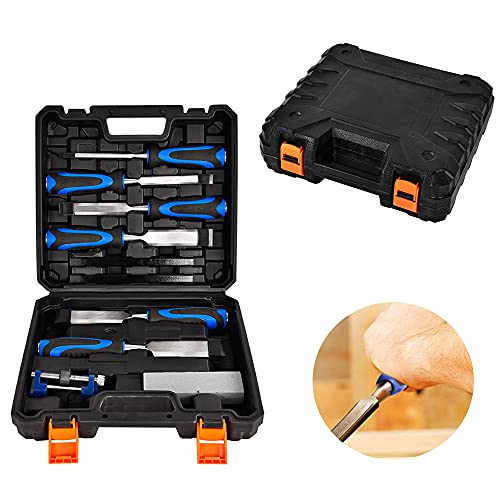 Wood Chisels Set, Bevel Edge Wood Carving Chise with Honing Guide, Sharpening Stone and Storage Case, Soft Grip Woodworking Tools, Chisel(6/13/20/25/32/38mm), Blue