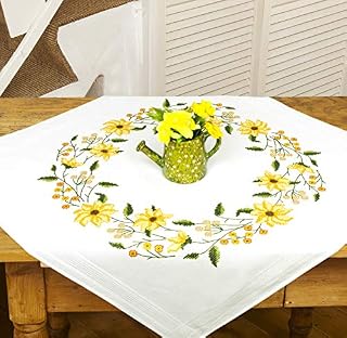 Charming Sonnenschein [Sunshine] Needlework Kit with Wonderful Yellow Flowers / Embroidery Tablecloth 80 x 80 cm / Cross Stitch Ready Outlined / 100 % Cotton / Very High-Quality / Get Started Straightaway / Centre Piece Tablecloth 80 x 80 / Needlework