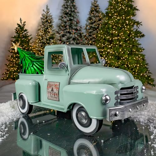 Image of Zaer Ltd. Metal 18.5 inch Long Multi-Seasonal Christmas and Harvest Pickup Truck with Metal Tree, Pumpkins, and Matching Side-Magnet Sets (Soft Green)