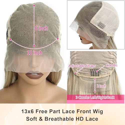 Image of Light Blonde Highlight Lace Front Wig Human Hair 13x6 HD Lace Frontal Wigs Pre Plucked Ash Blonde with White Platinum Highlights Brazilian Virgin Human Hair Wig for White Women with Brown Roots 16 inch