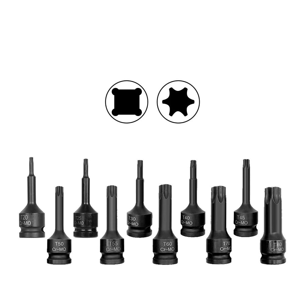 10-częściowy nakrętek Torx Hex Sping Star Bits 1/2 cala T20-T80 POWER NUTS NAKRĘTEK Zestaw przedłużek