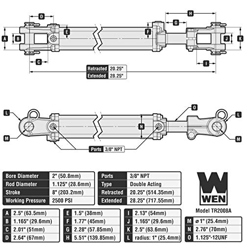 Image of WEN TR2008A 2500 PSI ASAE Tie Rod Hydraulic Cylinder with 2 in. Bore and 8 in. Stroke , Black