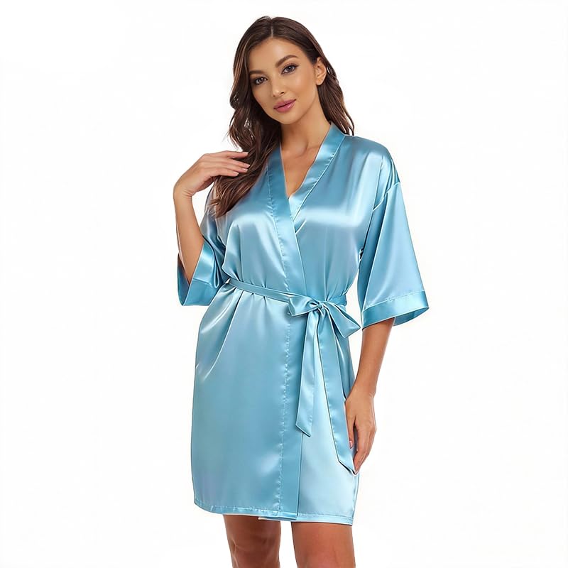 Image of Women's Bride Bridesmaid Robes Short Satin One Size Silver Rhinestones Wedding Party Getting Ready Sleepwear