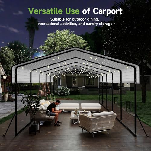 Image of Real Relax 13' x 26' Metal Carport, Heavy Duty Carport with Galvanized Steel Roof with Metal Frame, Extra Long Outdoor Garage Car Shelter Shade for SUV Trucks and Boats, Gray