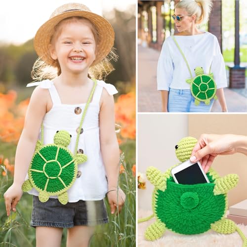 Image of Mewaii Crochet Kit for Beginners Level 2 with 40% Extra Eco-Friendly Pre-Started Easy Yarn, Step-by-Step Video Tutorials for Adults and Kids (Turtle Crossbody Bag)