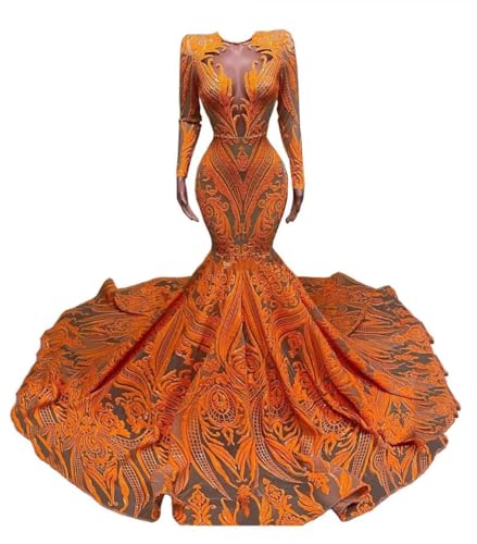 Women's Long Sleeves Sequined Mermaid Long Train Prom Shower Party Evening Dress Celebrity Pageant Gown