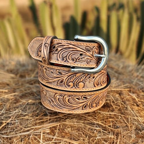 DANIEL'S ARTPLANET Western Leather Belt for Men Full Grain One Piece Leather Belt with Buckle Handmade Engraved Tooled 1.5”4