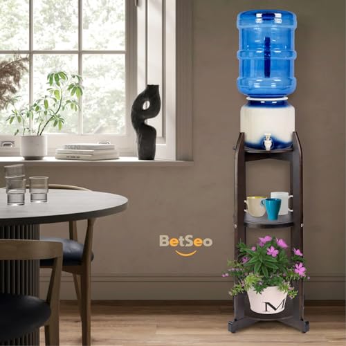BETSEO Natural Solid Wood Water Dispenser Floor Stand (32.8" Hight-11.2" Wide) Drink Dispenser Floor Stand with 3 Round Shelfs Included for 1-5 Gallon Water Bottles/Crocks, Water Jug (Walnut Color) by BETSEO - Image 6