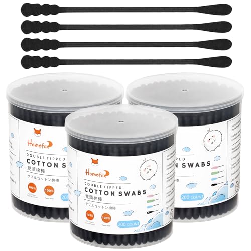 black cotton swabs spiral - 600 count organic cotton buds double side tightly wrapped charcoal cotton tips paper stick soft gentle lint-free cruelty-free goth bathroom round amp spiral black