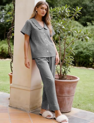 Image of Flygo Womens Gingham Pajamas Set Cotton 2 Piece Pj Set Scalloped Collar Babydoll Shirt Pants Plaid Y2K Lounge Sets
