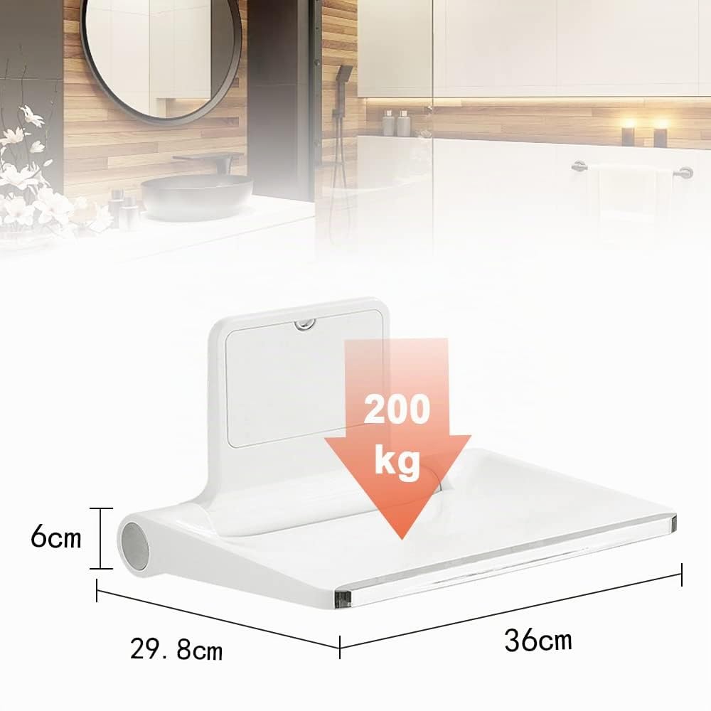 Asiento de Ducha Abatible Grueso con Respaldo de Pared - 200kg Capacidad Antideslizante, Silla Plegable para Personas Mayores, Blanco