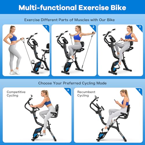 Image of pooboo Folding Exercise Bike, Foldable Upright Stationary Bike, Indoor Cycling Magnetic X-Bike with 8-Level Adjustable Resistance, 6.6 LBS Flywheel, 300LB Capacity, Back Support Cushion for Home Gym