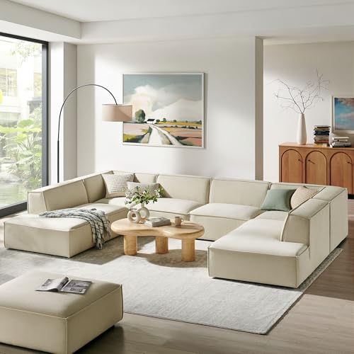 Modway Restore Fabric Upholstered 6-Piece Modular U-Shaped Sectional Sofa in Ecru – Low Profile Couch with Left-Facing Armless Chaise, Right-Facing Armless Chaise, and Two Armless Chairs