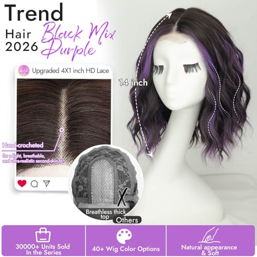 Image of Eawwii Wigs for Women Black Mix Purple,Short Wavy Synthetic Lace Wig | Glueless 4x1 Lace Hairline, Heat-Resistant Fiber,Bob Wave Style,Natural Appearance for Everyday Cosplay 14 Inch