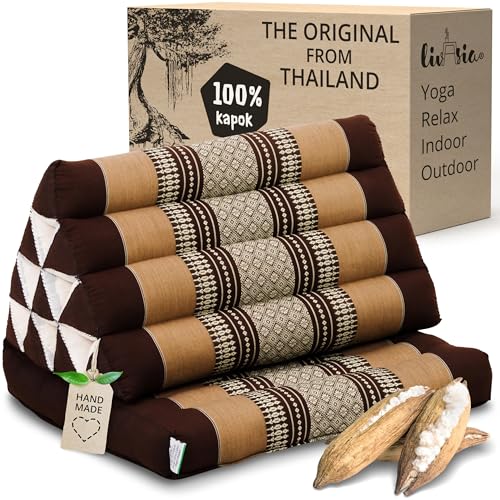 livasia Thai cushion with 1 seat rest - 30x20x3.1″ - Triangle cushion with seat cushion, Wedge cushion, kapok, Back support cushion, folding, Thai mat, folding, Hand made (Brown)