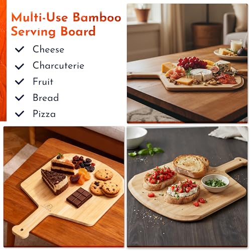 Image of Wooden Pizza Peel 12 Inch Board with Engraved Sizes - Multi-Purpose Bamboo Pizza Cutting Board, Wood Pizza Peel, Pizza Spatula Paddle, and Serving Board with Size and Cutting Guide