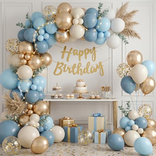 Image of RUBFAC Dusty Blue and Gold Balloons, 65pcs 12 Inches Champagne Gold Metallic Fog Baby Blue Balloon for Baby Boy Shower Bridal Birthday Wedding Party Decorations
