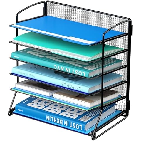 MINDEPOT 6 Tier Paper Tray Desk Organizer, Extra Thick Metal A4/ Letter Size File Document Holder Stackable Letter Tray for Office School Organization Cover