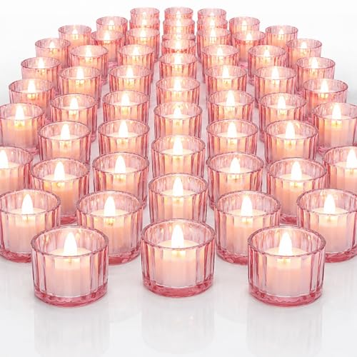 Mumufy 50 Pcs Glass Tealight Candle Holder Ribbed Votive Candle Holder for Centerpiece Wedding Proposal Spa Aromatherapy Meditation Home Decor (Pink)