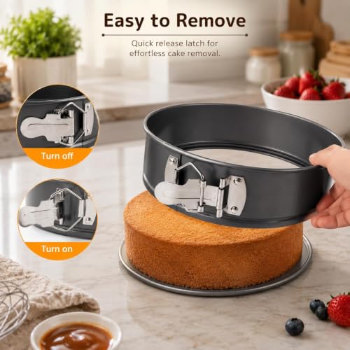 Image of Xacton Round Springform Cake Pan | Non-Stick Removable Base Baking Mould with Adjustable Release Latch | Cake Tin for Cheesecake, Brownie & Dessert Baking | Bakeware for Home Kitchen | 22 cm - Black