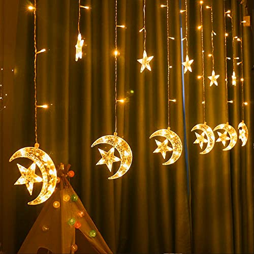 Dazzle Bright 138 Led Star Moon Solar Lights Outdoor, 8 Modes, Solar Powered Waterproof Ramadan Window Curtain Light With Star Moon Remote Control For Holiday Decorations #TOP3