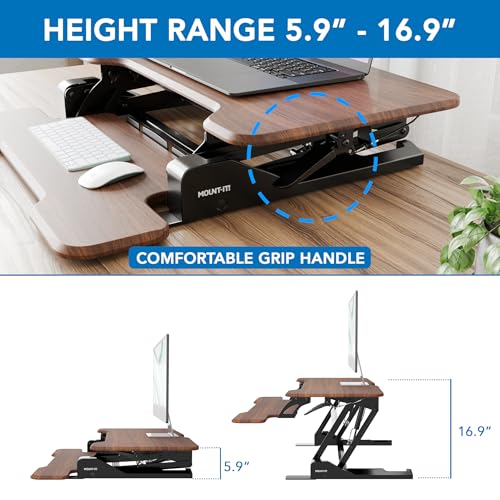 Image of Mount-It! Height Adjustable Standing Desk Converter, Compact 30 inch Wide Tabletop Standing Desk Riser with Gas Spring, Desktop Stand Up Workstation with Keyboard Tray Fits Monitor or Laptop, Dark Walnut