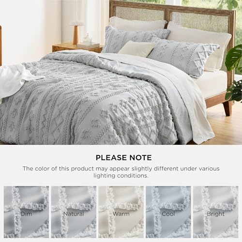 Image of Bedsure Tufted Boho Comforter Set Oversized Queen - Light Gray Boho Bed Set, GentleSoft 3 Pieces Farmhouse-Style Embroidery Bedding, Gifts for Woman, Soft Jacquard Kids' Comforter for All Seasons