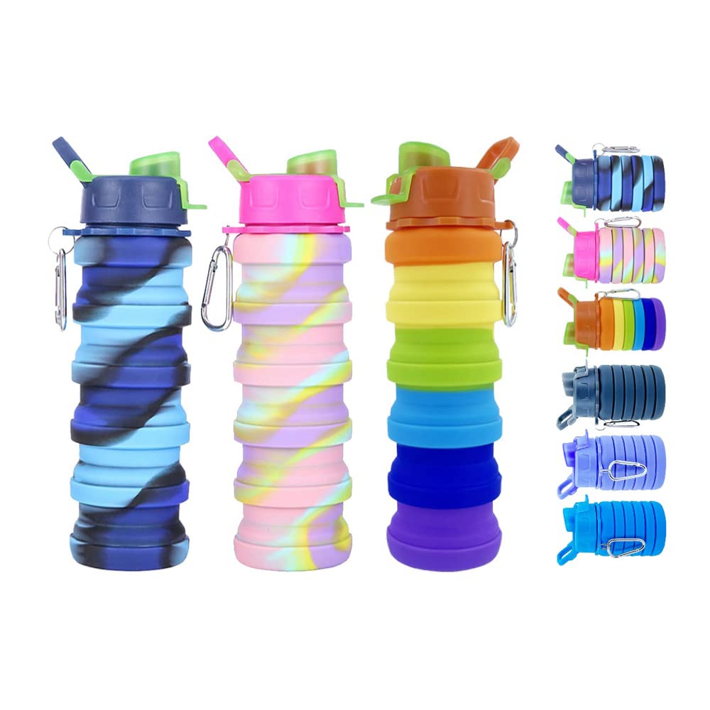 konlongzan Collapsible Water Bottles 3 Pack Silicone Water Bottle with Carabiner BPA Free Expandable Water Bottle 500ml Portable Sport Water Bottle for Travel Camping. (Colorful)