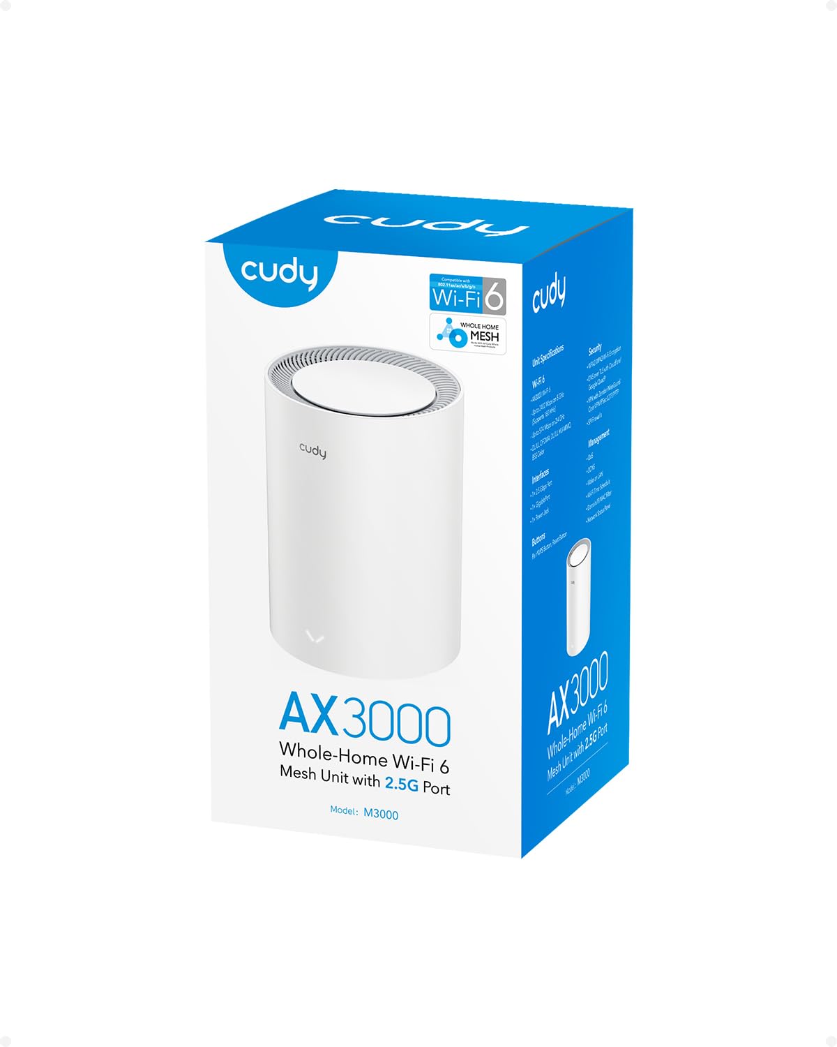 Sistema WiFi 6 Mesh Cudy AX3000 – sostituisce router ed extender, copre fino a 90/200/270 m², porta WAN 2,5 G, supporta backhaul Ethernet, VPN e sicurezza, set mesh M3000 1-Pack