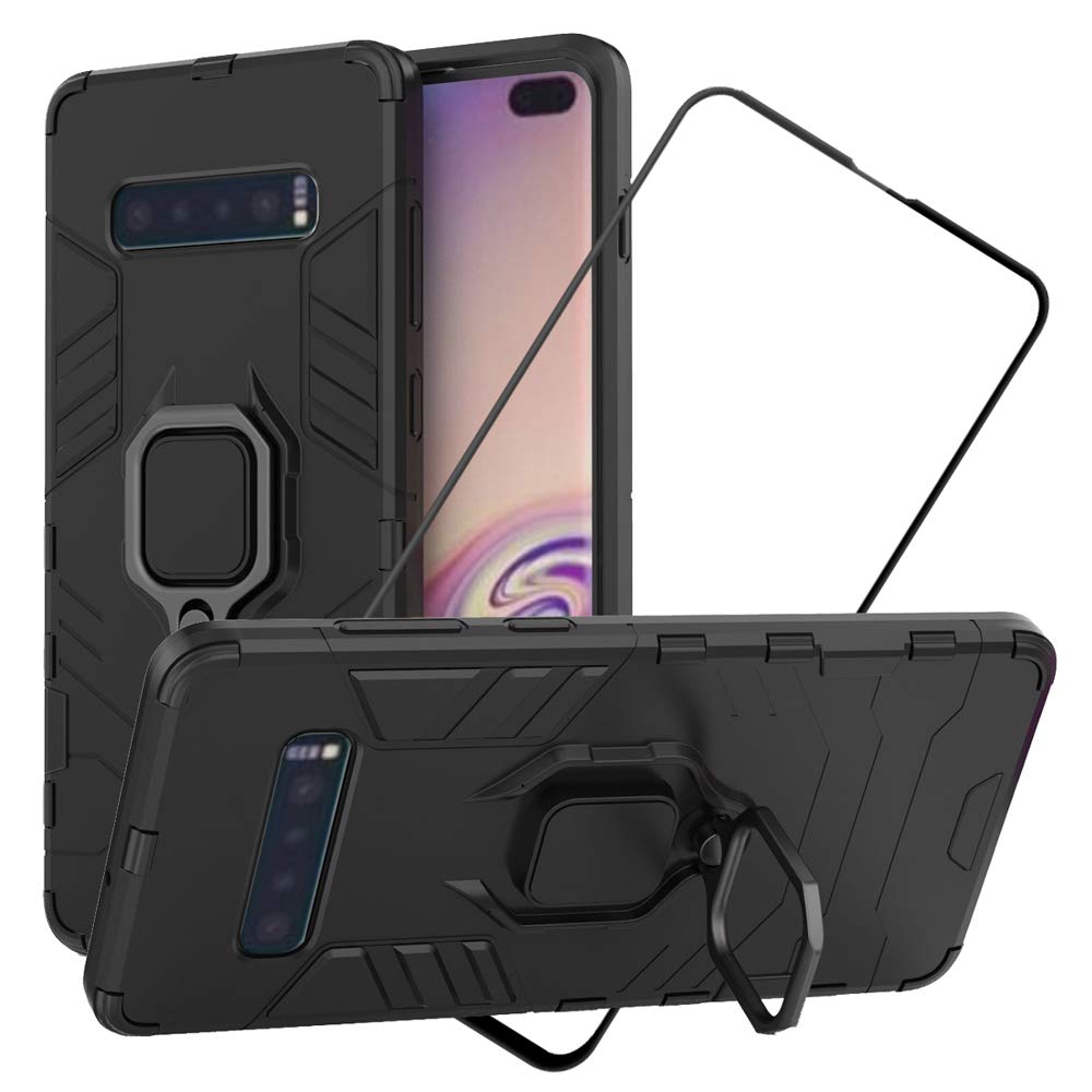 2ndSpring Case for Samsung Galaxy S10 Plus + Tempered Glass Screen Protector,Hybrid Heavy Duty Protection Shockproof Defender Kickstand Armor Case Cover,Black
