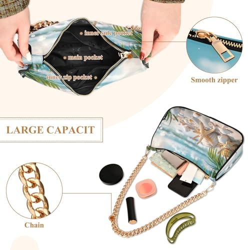 Summer Starfish Seashells Beach Print Shoulder Purses for Women Small Hobo Purse Chain Strap Zipper Wallet Purses4