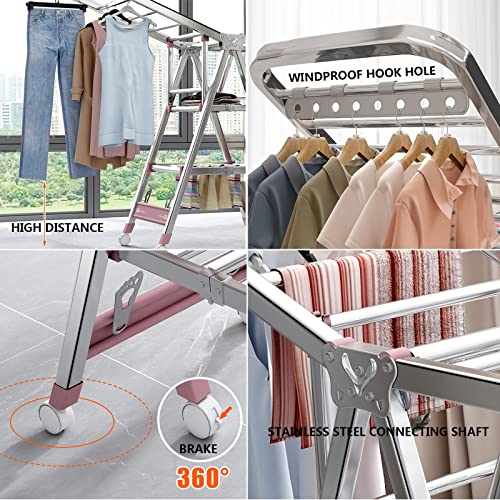 Este tendedero de Ropa de Interior con Ruedas, tendedero Plegable de Interior con alas Ajustables en Altura, tendedero Plegable Independiente para Interiores y Exteriores, 1,7 m