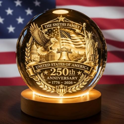 Image of 250 Anniversary Usa Merchandise, Personalized 250th Anniversary Crystal Ball Night Light, Custom 1776-2026 USA LED Lamp, Engraved Patriotic Gift, American Independence Decor Light for Desk Home