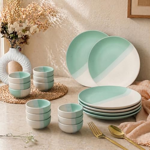 Image of The Earth Store TT Green Matte Ceramic Dinner Set, 18 Pieces with 6 Dinner Plates & 12 Vegetable Bowls | Microwave & Dishwasher Safe | Dinner Set for Dining Table