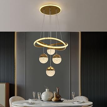 Modern Gold LED Chandeliers, 3-Color Change Pendant Light for Kitchen Island Dining Room Living Room Contemporary Hanging Ceiling Light Adjustable Height for Modern Home Decor