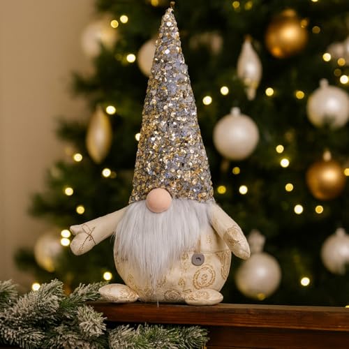 Marco Paul 30cm Champagne Plush Christmas Gonk – Nordic Santa Gnome Ornament with Glitter Hat - Soft Plush Festive Decoration for Table, Mantel, Window & Xmas Home Décor Decoration