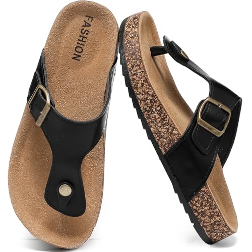 Leather Thong Cork Sandals for Men & Women, Water-Resistant Flip Flops with Cork Footbed & Memory Foam, Comfortable Summer Slides