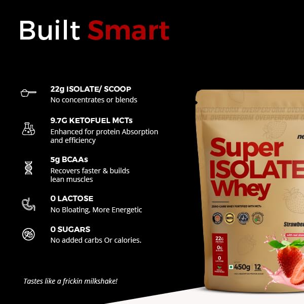 Image of Neulife Super Isolate Whey Protein 450 g | Max Absorption Protein Shake with Patented Ketofuel MCTs | Strawberries & Creme with Real Fruit