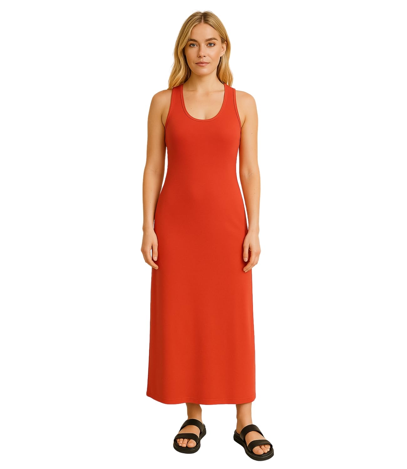 Women's Racer Back Maxi Dress Ladies Full Length Jersey Long Vest Muscle Sleeveless Dress Plus Size Coral