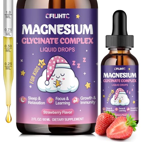 Magnesium Glycinate Liquid for Kids - Magnesium Bisglycinate Drops with L-Theanine Chamomile & Vitamin B6 B12 C D3 for Sleep Relaxation Immune Support Calm & Focus - 2 Fl Oz Strawberry Flavor