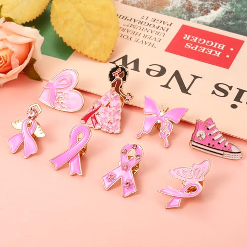 Image of Breast Cancer Awareness Pins for Women Enamel Pink Ribbon Lapel Pins Fight Breast Cancer Brooches Heart Hope Butterfly Brooch Pins Breast Cancer Awareness Jewelry Accessories Outfits