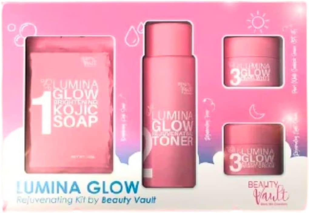 Beauty Vault Lumina Glow REJUVENATING KIT Pink – Kojic soap, Toner, Rejuvenating Cream, Pearl White Sunblock