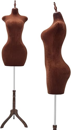 KTMANEQ Torso de maniquí femenino con curvas ajustables con soporte, forma de vestido pinable para ropa (marrón, terciopelo)