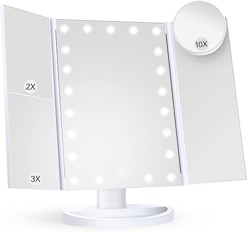 HUONUL - Espejo para maquillaje con luces LED aumento de x1 x2 y x3 iluminado control táctil espejo triple plegable fuente de alimentación dual