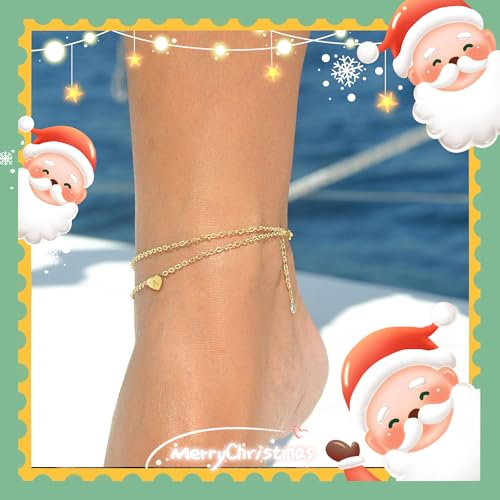 Image of Turandoss Heart Initial Ankle Bracelets for Women, 14K Gold Filled Handmade Dainty Layered Anklet Letter Initial Heart Ankle Bracelets for Women Beach Jewelry Gifts