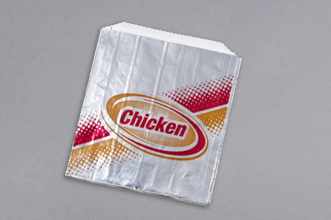Foil Laminated Chicken Sandwich Bag, Stock Printed CHICKEN on Silver Foil, 6"x3/4"x6-1/2" Size, 1000 Bags Per Case
